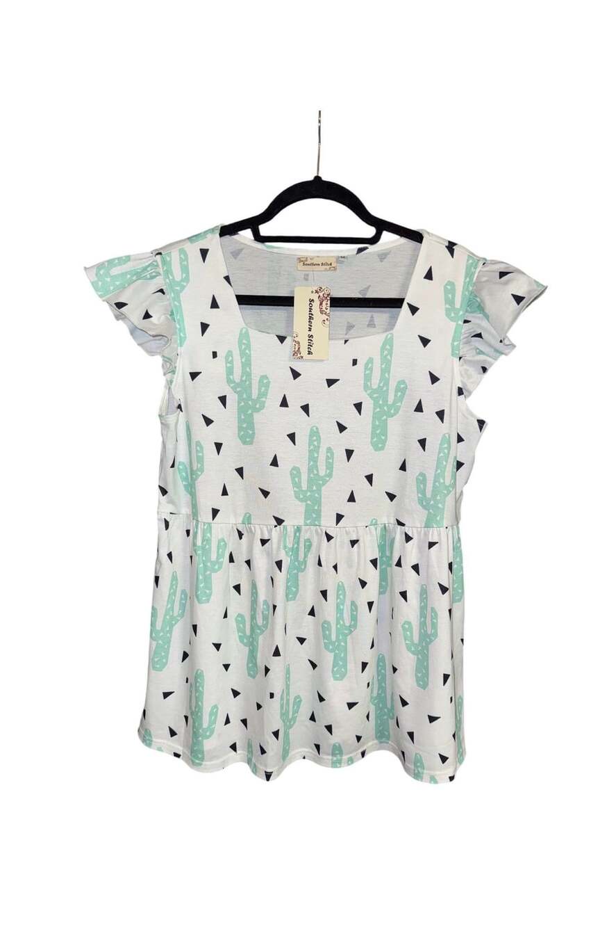 Southern Stitch Cactus Ruffle Sleeve Top Size M